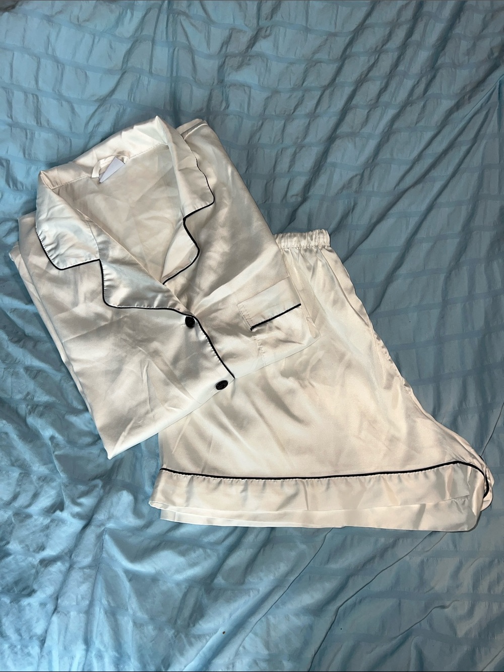 Women’s Satin Pajama Set with Contrast Piping - White